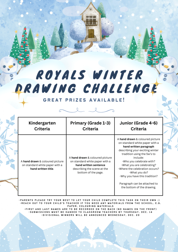 Snowmen and decorated trees in the background, including information on the drawing challenge