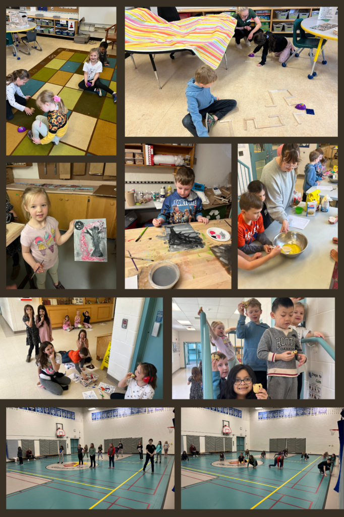 Collage of photos: students coding, painting, baking and dancing.