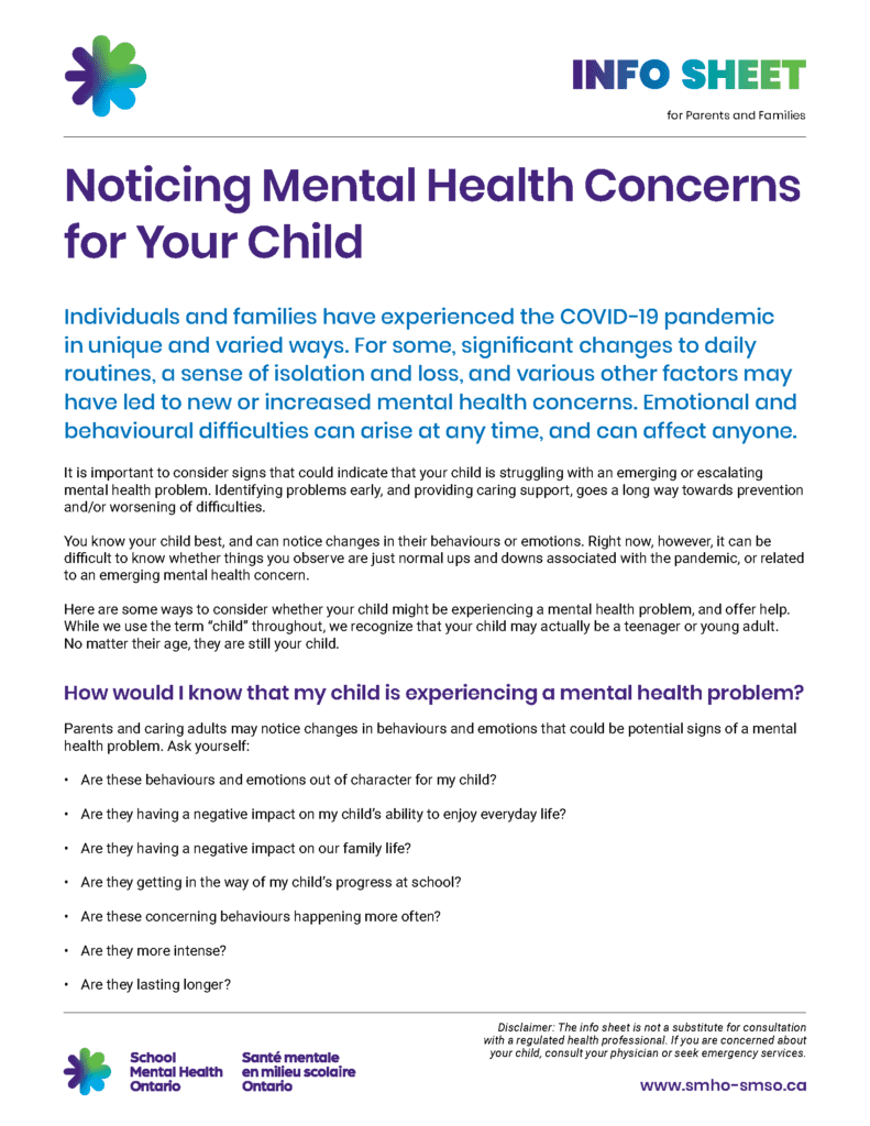 Noticing Mental Health Concerns for your Child Info Sheet 1