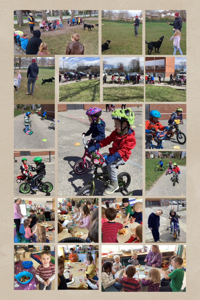 Collage of photos: student with rescue dog, students riding bikes and scooters, and students making fruit salad.