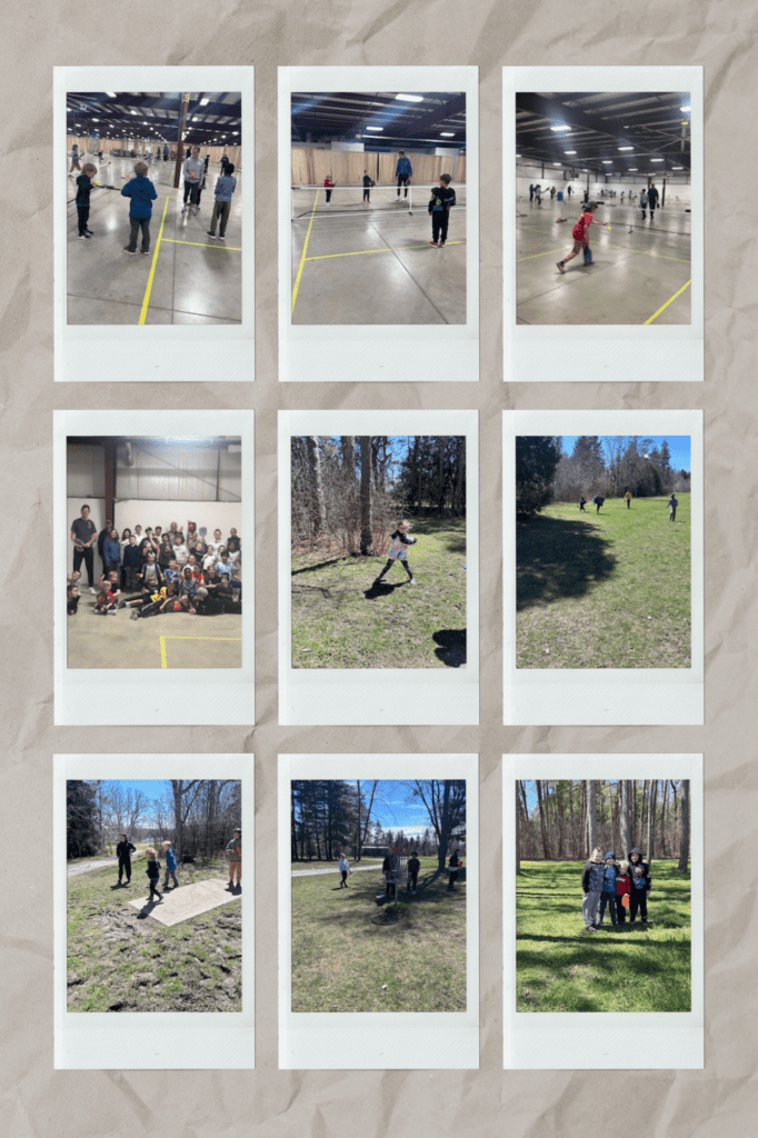 Collage of photos: students playing pickleball, and frisbee golf.