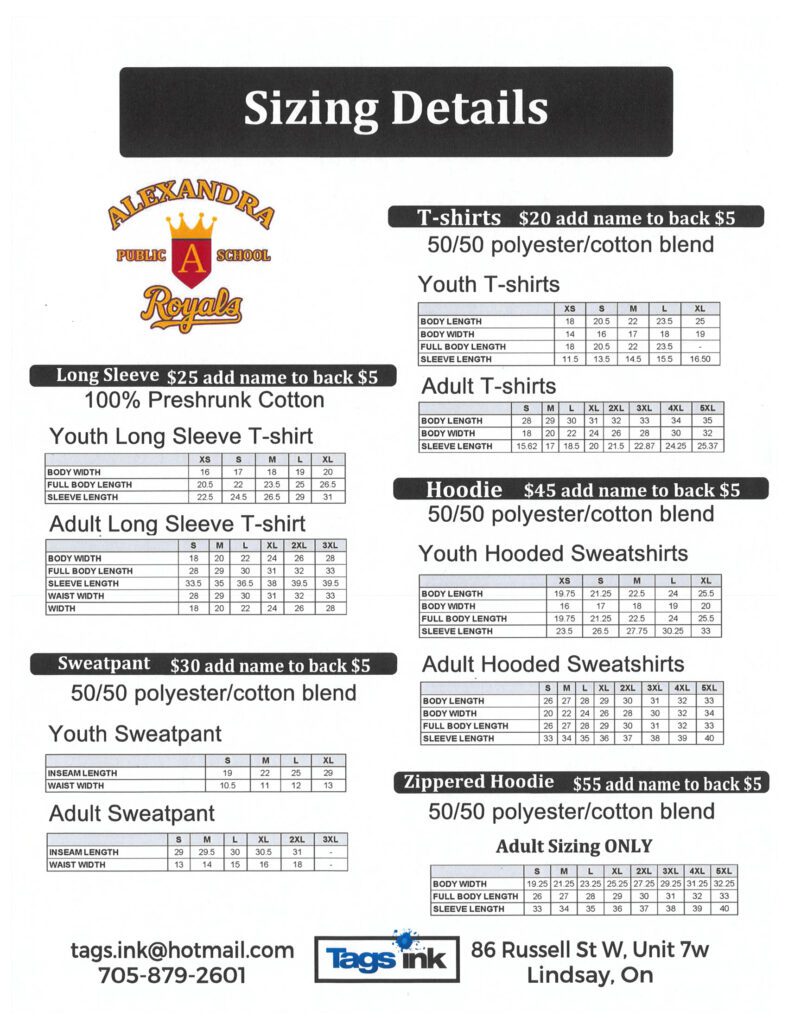 Sizing detail sheet per clothing item