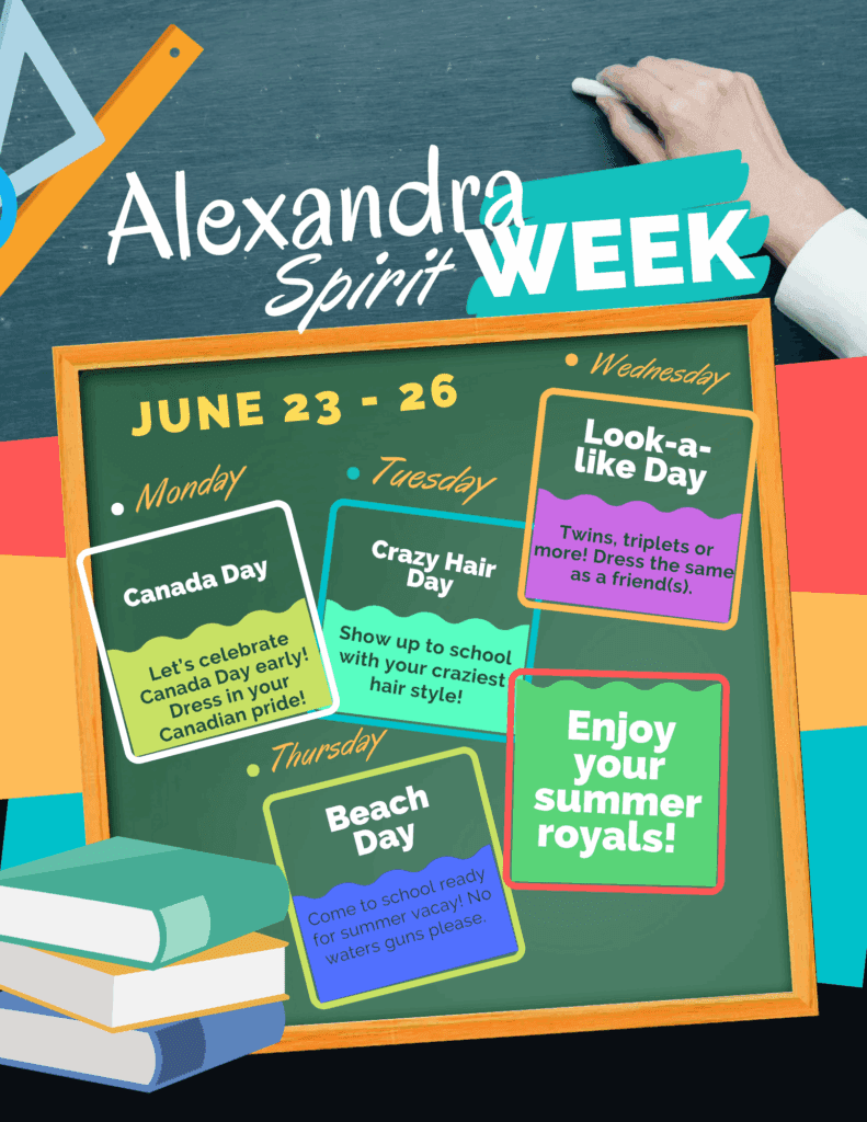 Spirit week Flyer
Monday - Canada Day
Tuesday - Crazy hair day
Wednesday - Look a like day
Thursday - Beach Day