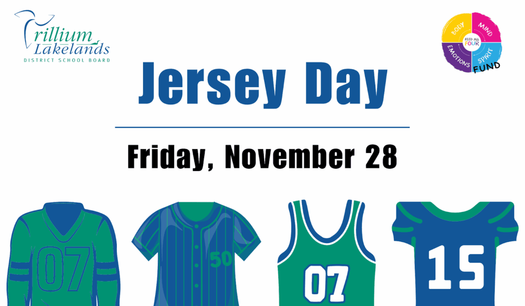 Jersey Day, Friday NOvember 28, with four cartoon sports jerseys