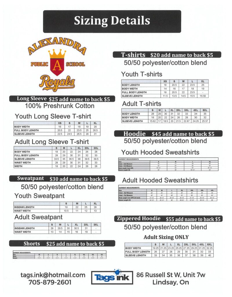 Sizing details for APS clothing